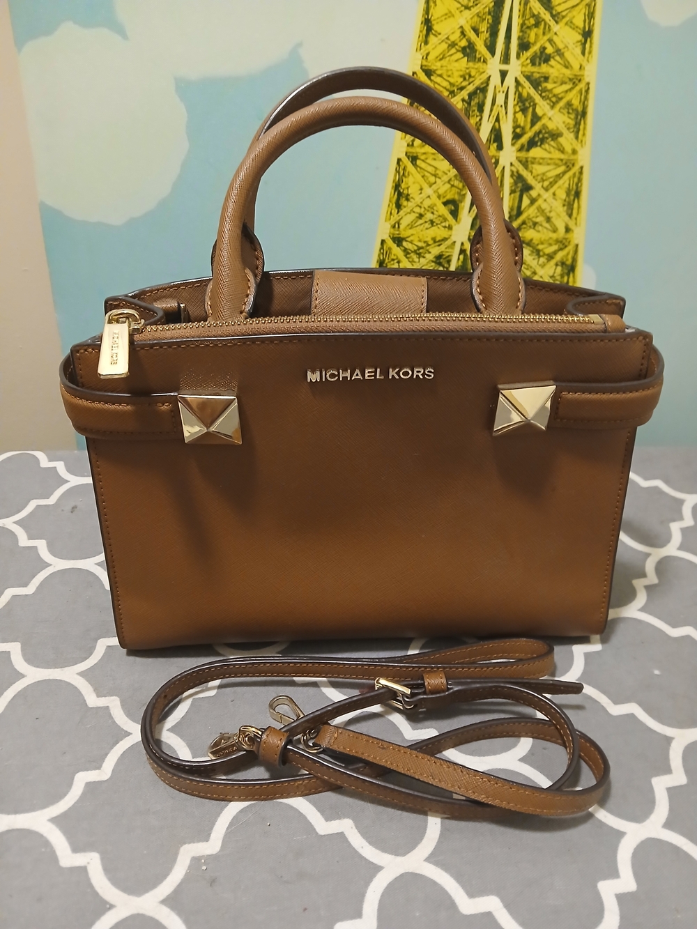 Michael Kors Tan/Brown Saffiano Leather Satchel Bag with Gold Hardware
